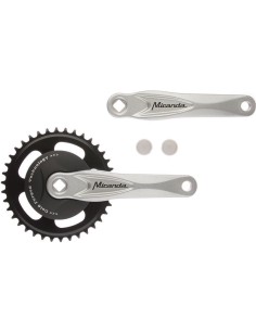 Kettenradgarnitur 38Z Miranda Alfa 1 für 3/32  Kette mit 9.2 cm schwarzer Scheibe und silberner Kurbel