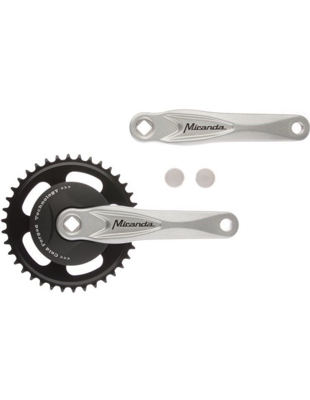 Kettenradgarnitur 38Z Miranda Alfa 1 für 3/32  Kette mit 9.2 cm schwarzer Scheibe und silberner Kurbel