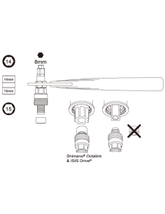Kurbelabzieher IceToolz 04S1 mit 8 mm Inbusschlüssel und 14/15 mm Steckschlüssel.