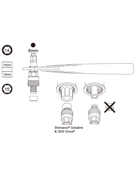 Kurbelabzieher IceToolz 04S1 mit 8 mm Inbusschlüssel und 14/15 mm Steckschlüssel.