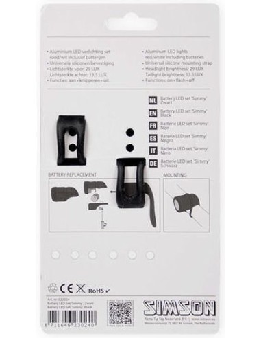 Simson Lichtanlage Satz LED "Simmy" - Schwarz mit Batterien - 3 Led - 29 Lux/13.5 Lux