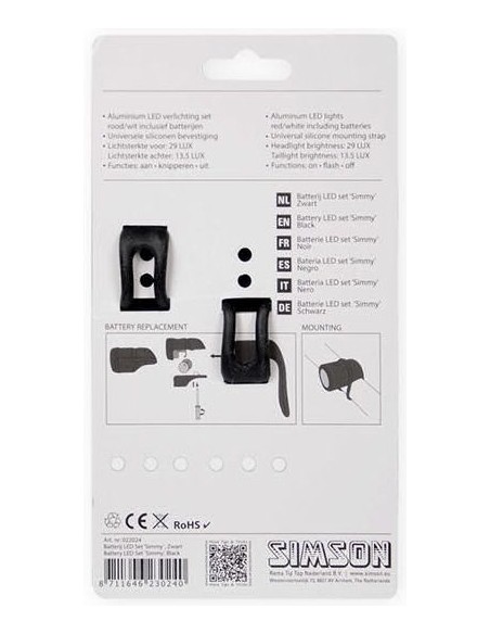 Simson Lichtanlage Satz LED "Simmy" - Schwarz mit Batterien - 3 Led - 29 Lux/13.5 Lux