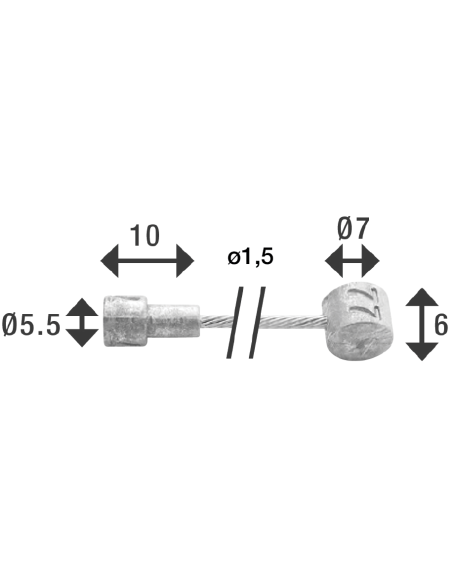 Bremszug Innen Elvedes 4000 mm 1×19 Stränge - Galvanisiert ø1,5 mm mit V-Nippel ø5,5 × 10 und T-Nippel ø7 x 6