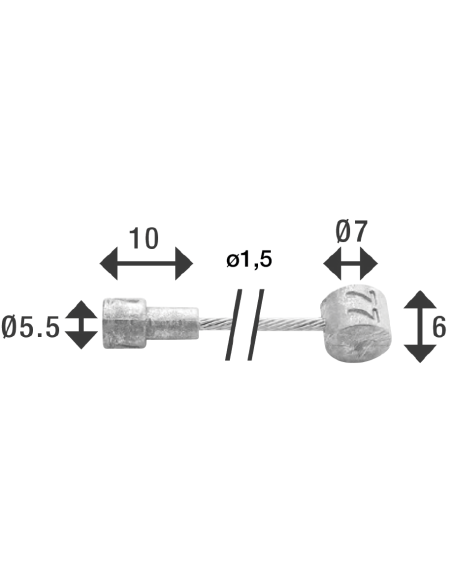 Bremszug Innen  Elvedes 2250 mm 7×7 Stränge Edelstahl ø1,5 mm mit V-Nippel ø5,5 × 10 und T-Nippel ø7 × 6 mm